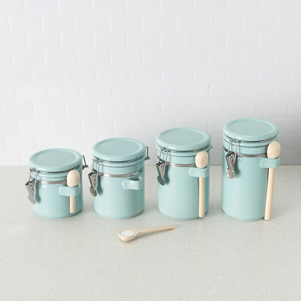Hds Trading 4 Piece Ceramic Canister Set with Wooden Spoons, Turquoise - ZOR95955