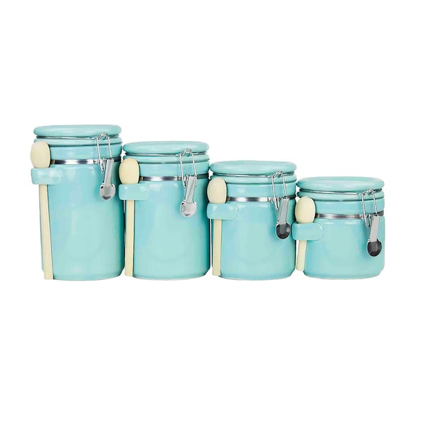Hds Trading 4 Piece Ceramic Canister Set with Wooden Spoons, Turquoise - ZOR95955