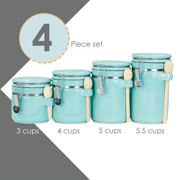 Hds Trading 4 Piece Ceramic Canister Set with Wooden Spoons, Turquoise - ZOR95955
