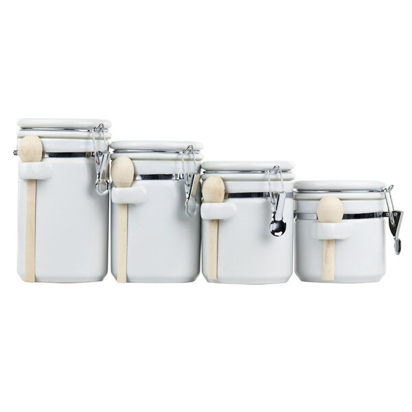 Hds Trading 4 Piece Ceramic Canister Set with Wooden Spoons, White - ZOR95954