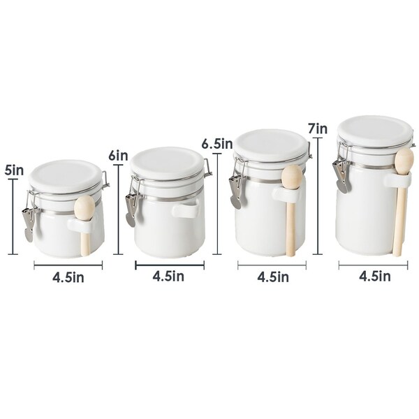 Hds Trading 4 Piece Ceramic Canister Set with Wooden Spoons, White - ZOR95954