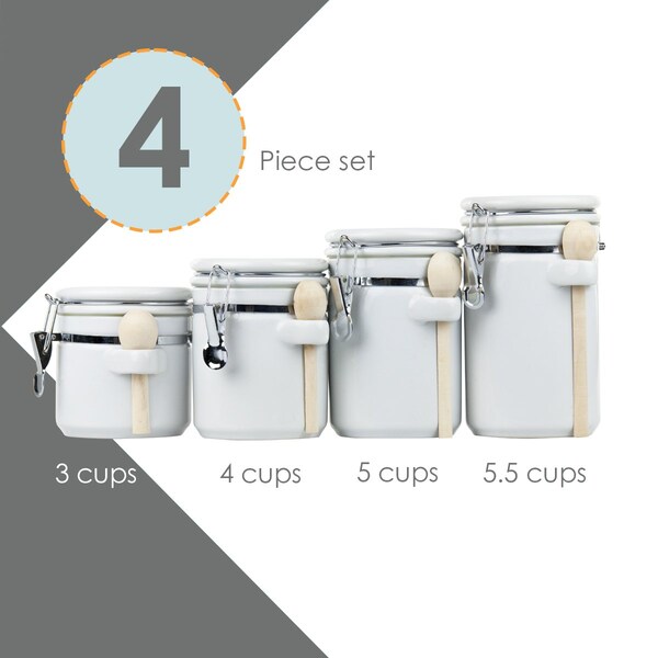 Hds Trading 4 Piece Ceramic Canister Set with Wooden Spoons, White - ZOR95954