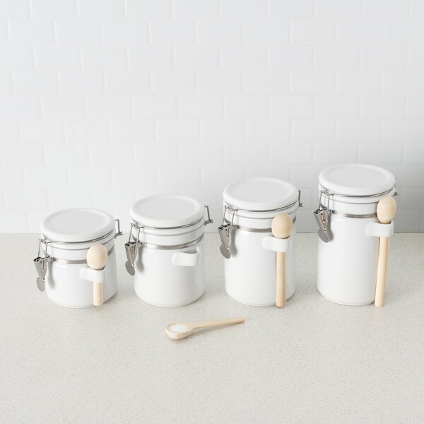 Hds Trading 4 Piece Ceramic Canister Set with Wooden Spoons, White - ZOR95954