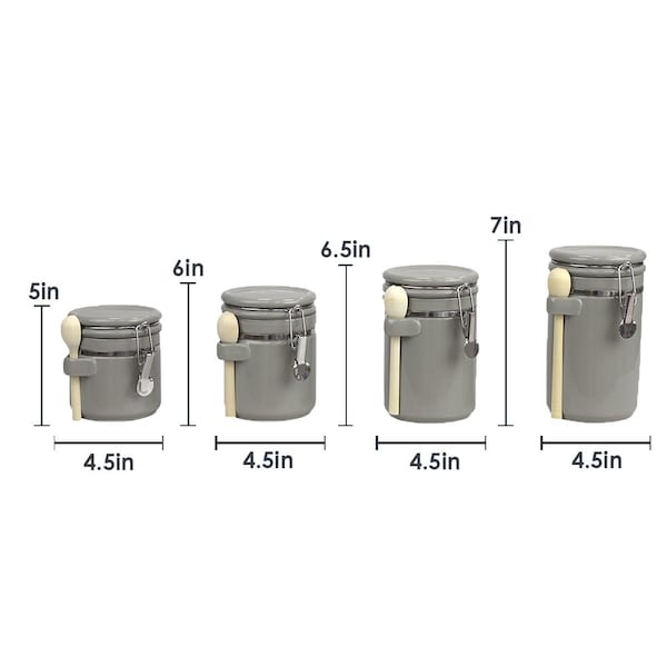 Hds Trading 4 Piece Ceramic Canister Set With Wooden Spoons, Grey - ZOR95959