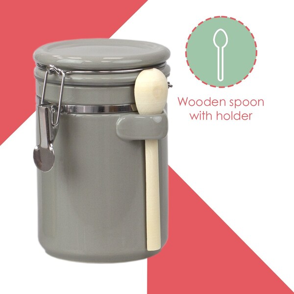 Hds Trading 4 Piece Ceramic Canister Set With Wooden Spoons, Grey - ZOR95959