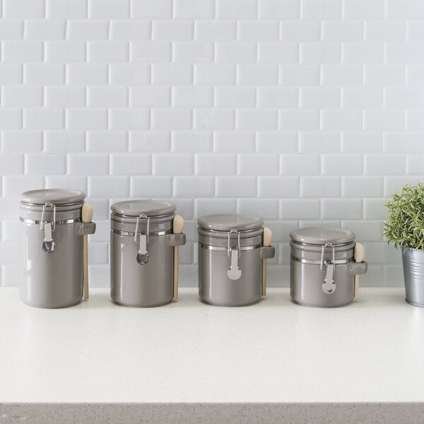 Hds Trading 4 Piece Ceramic Canister Set With Wooden Spoons, Grey - ZOR95959