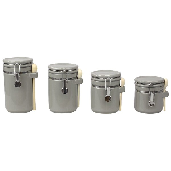 Hds Trading 4 Piece Ceramic Canister Set With Wooden Spoons, Grey - ZOR95959