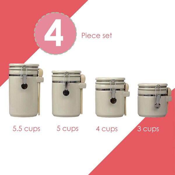 Hds Trading 4 Piece Ceramic Canisters with Easy Open AirTight Clamp Top Lid and Wooden Spoons, Beige - ZOR95961