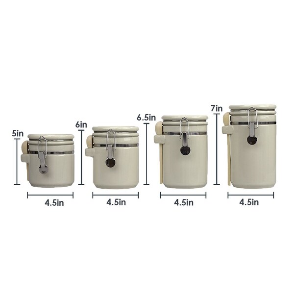 Hds Trading 4 Piece Ceramic Canisters with Easy Open AirTight Clamp Top Lid and Wooden Spoons, Beige - ZOR95961