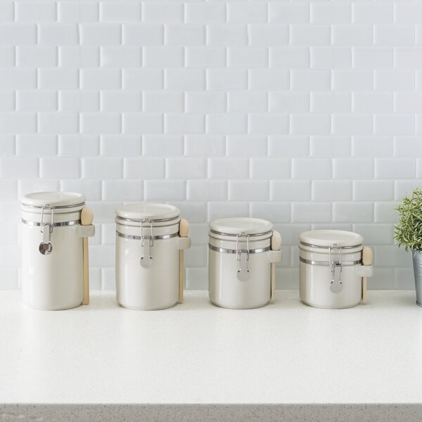 Hds Trading 4 Piece Ceramic Canisters with Easy Open AirTight Clamp Top Lid and Wooden Spoons, Beige - ZOR95961