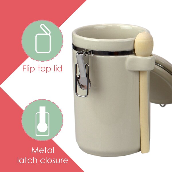 Hds Trading 4 Piece Ceramic Canisters with Easy Open AirTight Clamp Top Lid and Wooden Spoons, Beige - ZOR95961