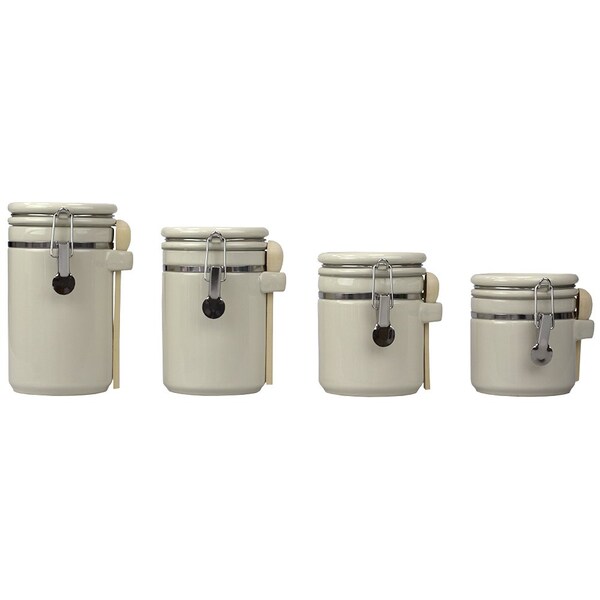 Hds Trading 4 Piece Ceramic Canisters with Easy Open AirTight Clamp Top Lid and Wooden Spoons, Beige - ZOR95961