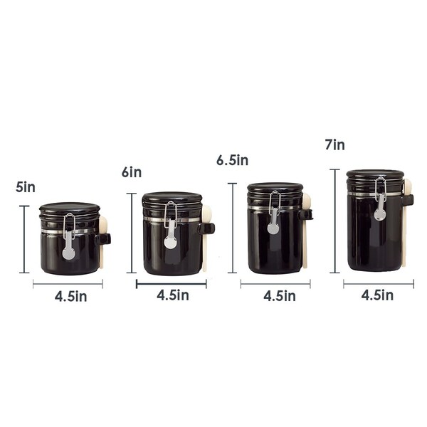 Hds Trading 4 Piece Ceramic Canister Set with Wooden Spoons, Black - ZOR95956