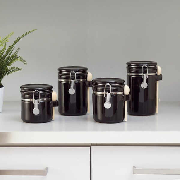 Hds Trading 4 Piece Ceramic Canister Set with Wooden Spoons, Black - ZOR95956