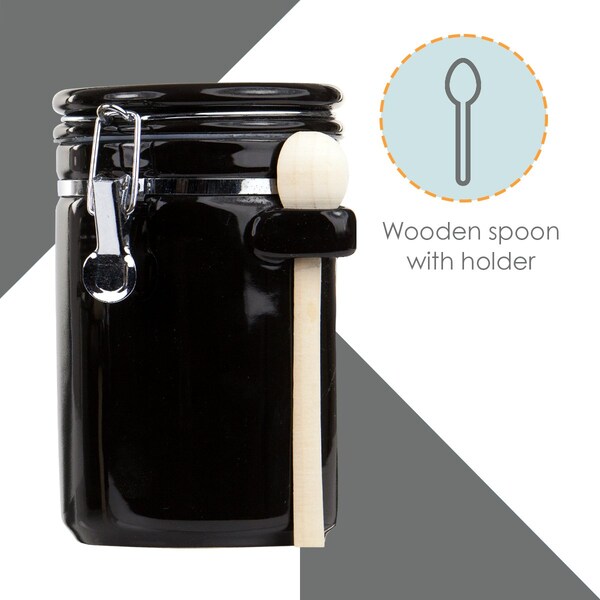 Hds Trading 4 Piece Ceramic Canister Set with Wooden Spoons, Black - ZOR95956