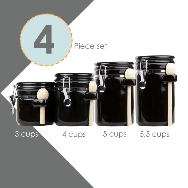 Hds Trading 4 Piece Ceramic Canister Set with Wooden Spoons, Black - ZOR95956