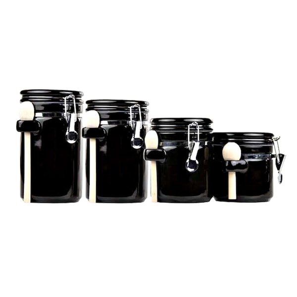 Hds Trading 4 Piece Ceramic Canister Set with Wooden Spoons, Black - ZOR95956