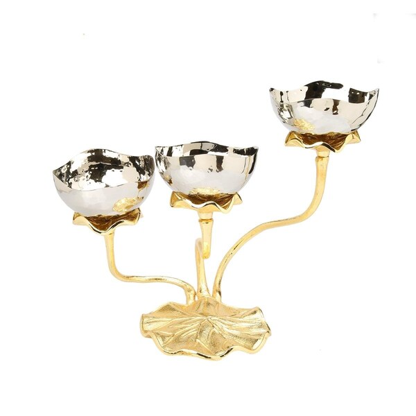 Classic Touch Decor Classic Touch LR1018 3 Bowl Stainless Steel Relish Dish with Gold Lotus Foot Design - LR1018