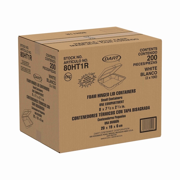 Dart Foam Hinged Lid Containers, 8 x 8 x 2 1/4, White, PK200 - 80HT1R