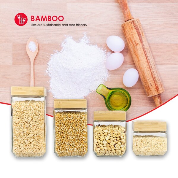 Home Basics 4 Piece Square Glass Canisters with Bamboo Lids - CS51730