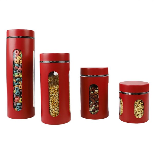 Home Basics 4 Piece Essence Collection Stainless Steel Canister Set, Red - CS44608