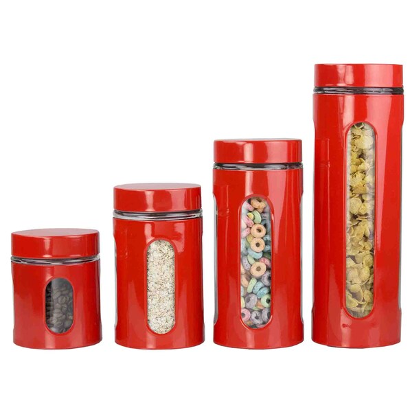 Home Basics 4 Piece Essence Collection Stainless Steel Canister Set, Red - CS44608