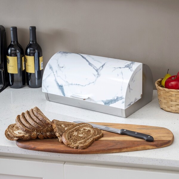 Hds Trading Marble Like Roll Top Lid Steel Bread Box, White - ZOR96011
