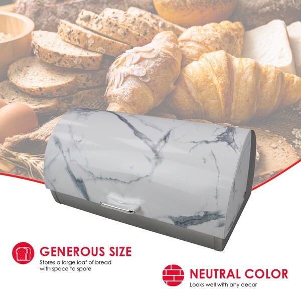 Hds Trading Marble Like Roll Top Lid Steel Bread Box, White - ZOR96011