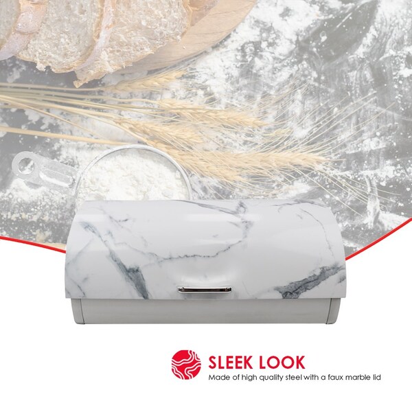 Hds Trading Marble Like Roll Top Lid Steel Bread Box, White - ZOR96011