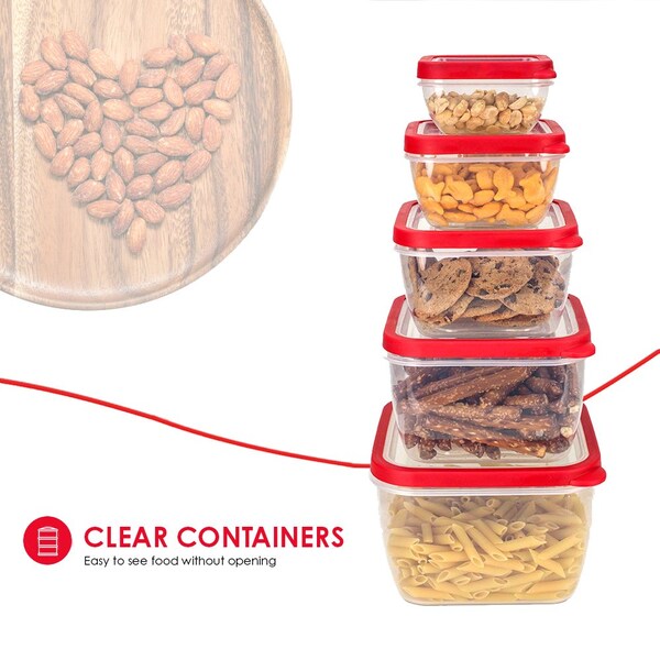 Hds Trading 10 Piece SpillProof Square Plastic Food Storage Container with Ventilated, SnapOn Lids, Red - ZOR95981