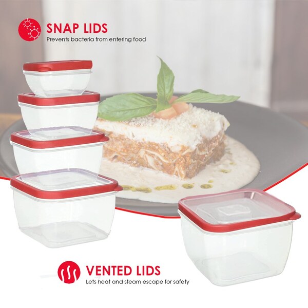 Hds Trading 10 Piece SpillProof Square Plastic Food Storage Container with Ventilated, SnapOn Lids, Red - ZOR95981