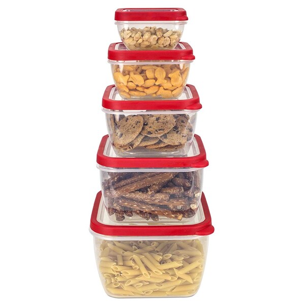 Hds Trading 10 Piece SpillProof Square Plastic Food Storage Container with Ventilated, SnapOn Lids, Red - ZOR95981