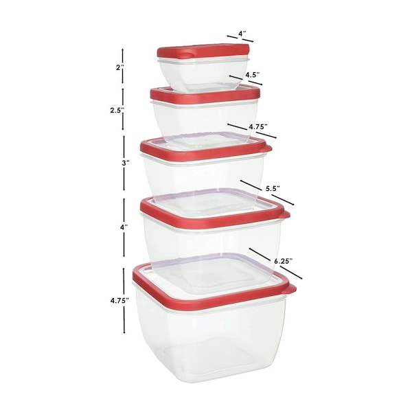 Hds Trading 10 Piece SpillProof Square Plastic Food Storage Container with Ventilated, SnapOn Lids, Red - ZOR95981