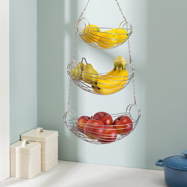 Home Basics 3 Tier Wire Hanging Oval Fruit Basket, Black - HB44270