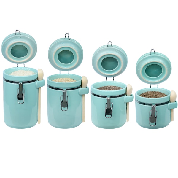 Blue Donuts Blue Donuts 4 Piece Ceramic Kitchen Food Storage Canisters With Spoons - BD3931162