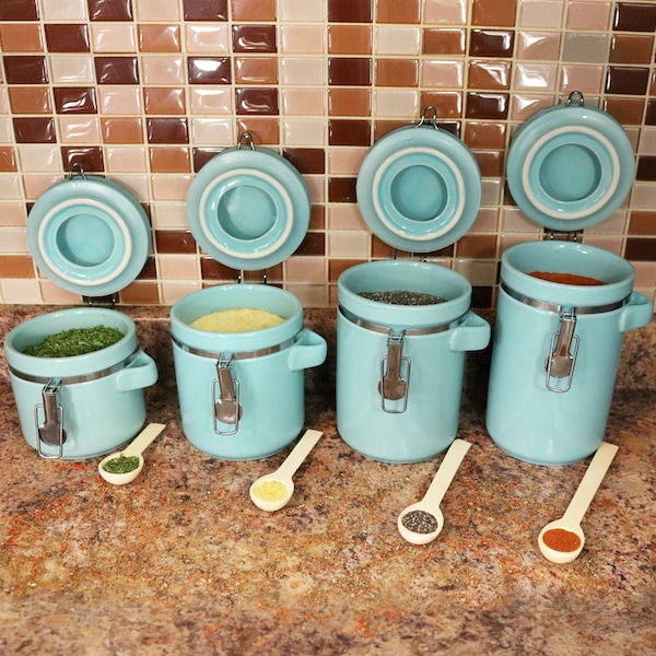 Blue Donuts Blue Donuts 4 Piece Ceramic Kitchen Food Storage Canisters With Spoons - BD3931162