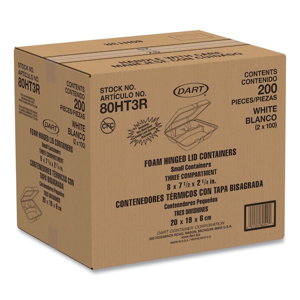 Dart Carryout Food Container, Foam, 3-Co, PK200 - 80HT3R