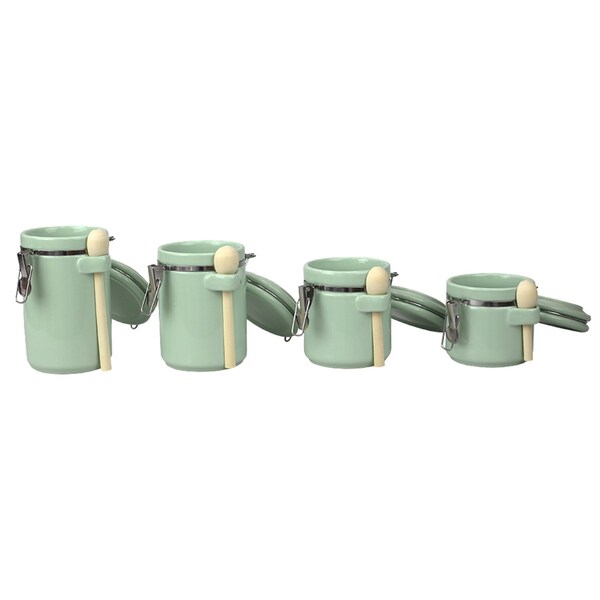 Home Basics 4 Piece Ceramic Canisters with Easy Open AirTight Clamp Top Lid and Wooden Spoons, Mint - CS51196