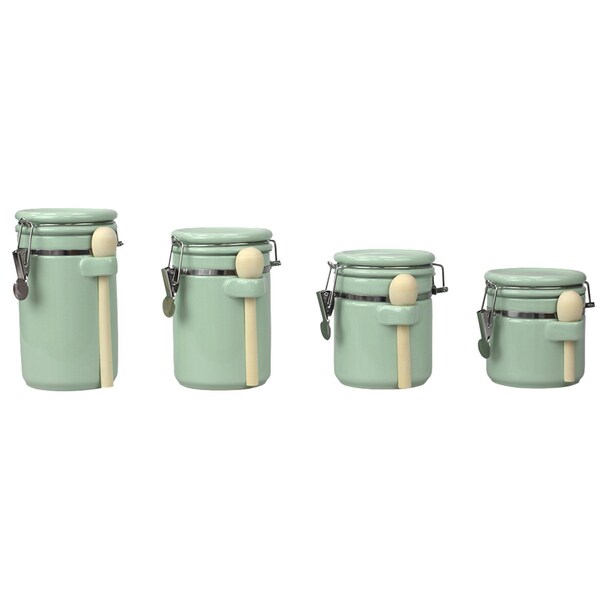 Home Basics 4 Piece Ceramic Canisters with Easy Open AirTight Clamp Top Lid and Wooden Spoons, Mint - CS51196