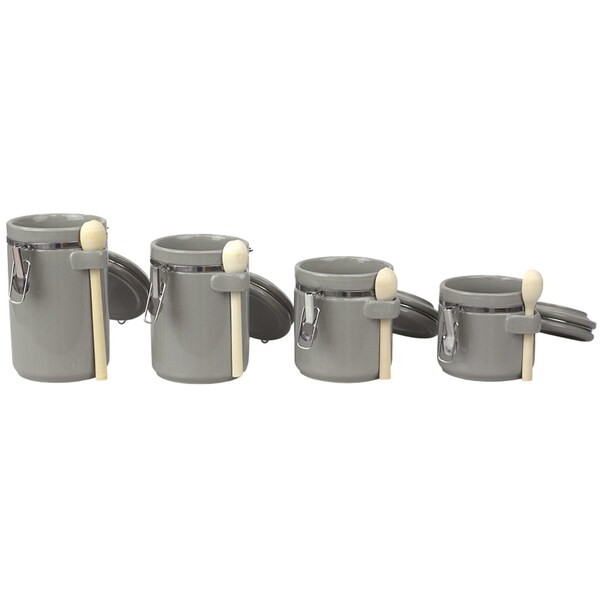 Home Basics 4 Piece Ceramic Canisters with Easy Open AirTight Clamp Top Lid and Wooden Spoons, Grey - CS51197