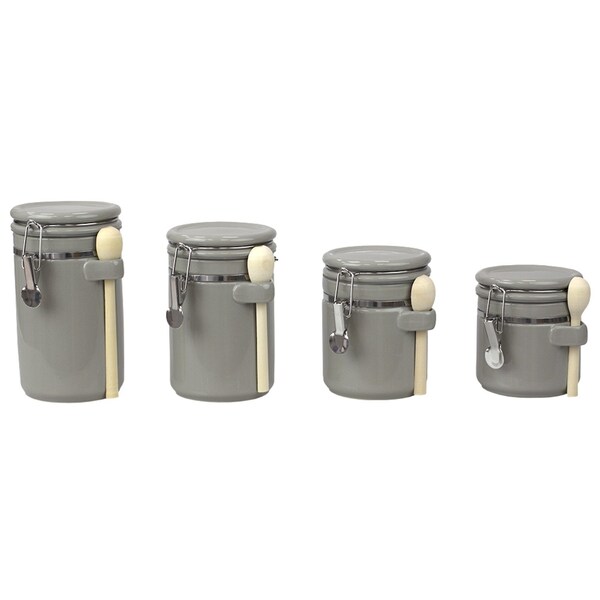 Home Basics 4 Piece Ceramic Canisters with Easy Open AirTight Clamp Top Lid and Wooden Spoons, Grey - CS51197