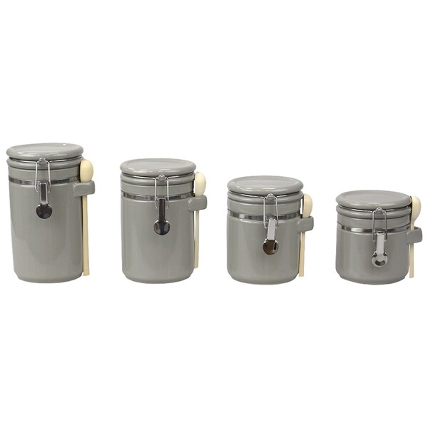 Home Basics 4 Piece Ceramic Canisters with Easy Open AirTight Clamp Top Lid and Wooden Spoons, Grey - CS51197