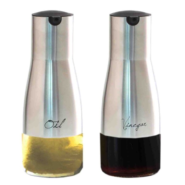 Home Basics 2Piece 85 oz Oil and Vinegar Set with SeeThrough Glass Base, Silver - OV44310