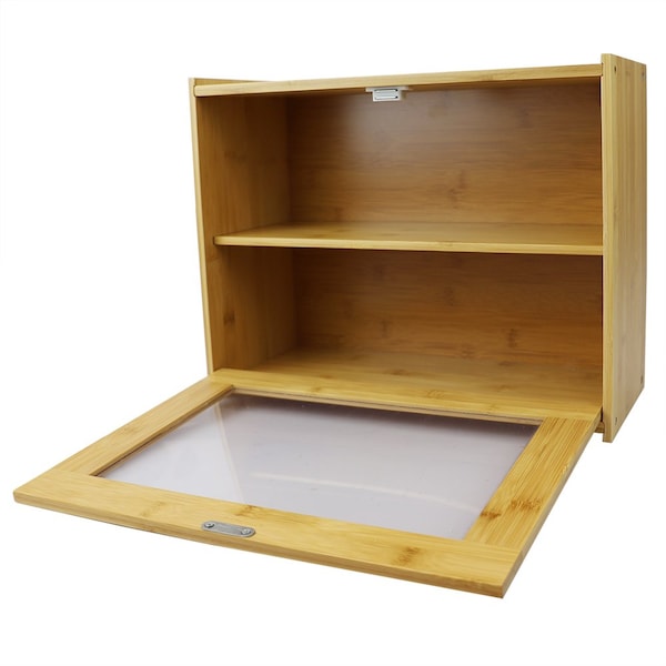 Hds Trading 2 Tier Bamboo Bread Box with PeekThrough Acetate Window, Natural - ZOR95888
