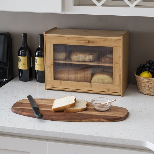 Hds Trading 2 Tier Bamboo Bread Box with PeekThrough Acetate Window, Natural - ZOR95888