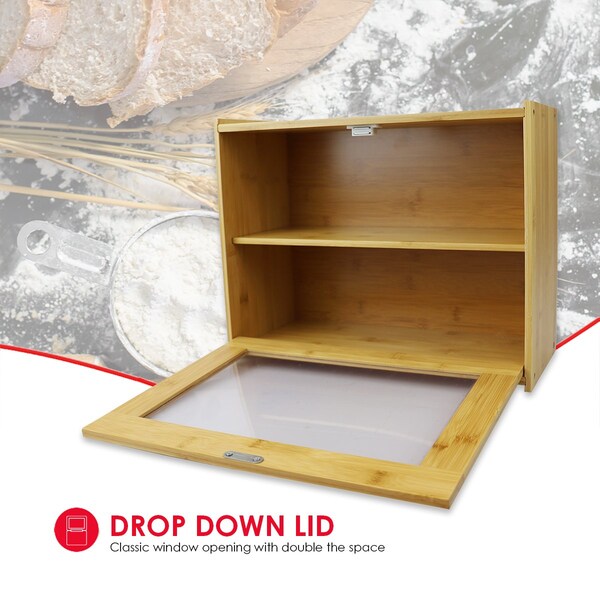 Hds Trading 2 Tier Bamboo Bread Box with PeekThrough Acetate Window, Natural - ZOR95888