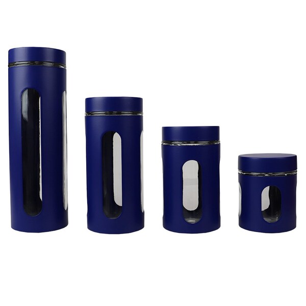 Home Basics 4 Piece Stainless Steel Canisters with Multiple PeekThrough Windows, Navy - CS37163
