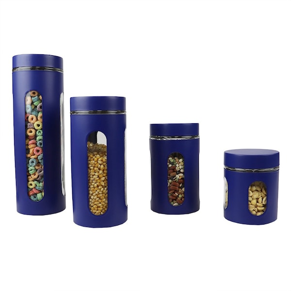 Home Basics 4 Piece Stainless Steel Canisters with Multiple PeekThrough Windows, Navy - CS37163