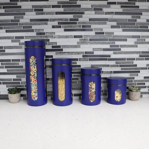Home Basics 4 Piece Stainless Steel Canisters with Multiple PeekThrough Windows, Navy - CS37163