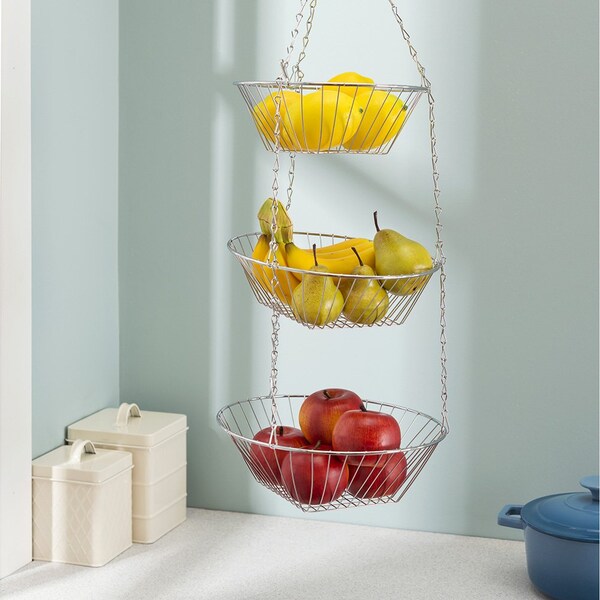 Home Basics Home Basics 3 Tier Wire Hanging Round Fruit Basket, Chrome - ZOR96130
